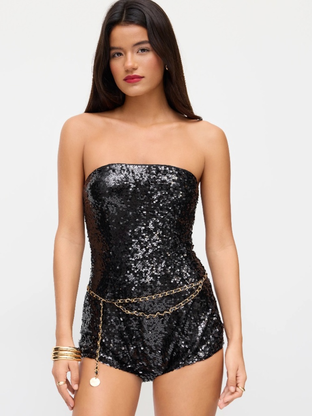 Cider Black Sequin Strapless Short Party Romper